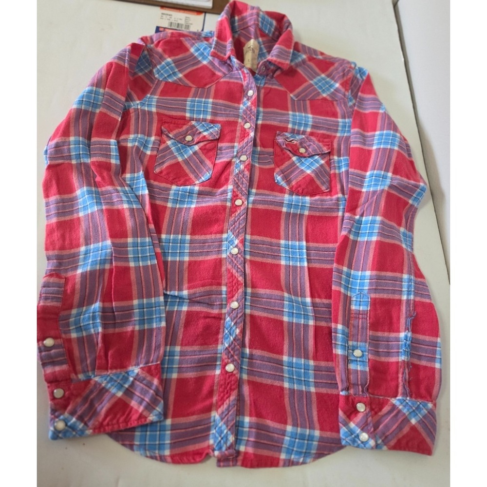 Hollister Western Flannel Shirt Pearl Snaps Plaid Blue Pink Womens Small S